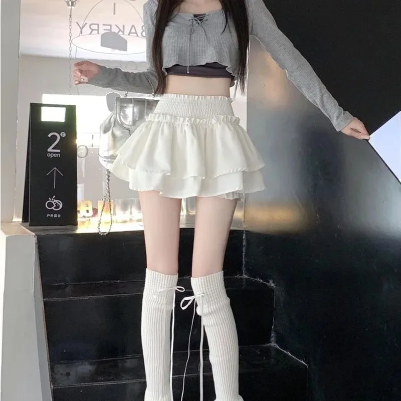 White Preppy Style Skirt Elastic High Waist Folds Design Women Fluffy Cake Skirt Built in Shorts Hottie Ballet Style Mini Skirts
