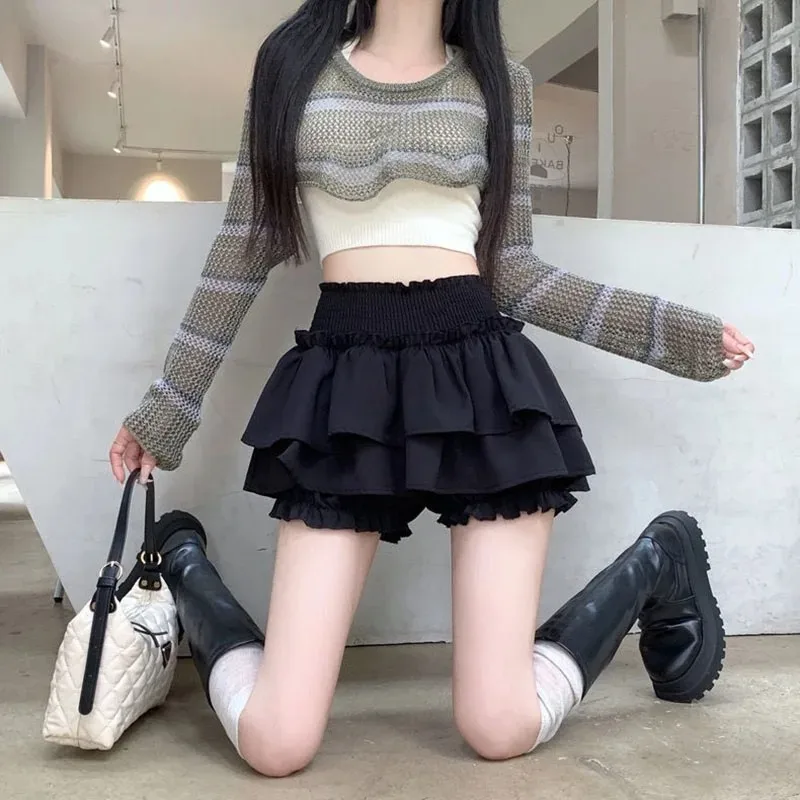 White Preppy Style Skirt Elastic High Waist Folds Design Women Fluffy Cake Skirt Built in Shorts Hottie Ballet Style Mini Skirts