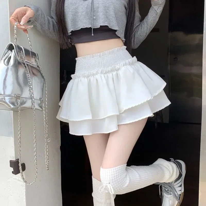White Preppy Style Skirt Elastic High Waist Folds Design Women Fluffy Cake Skirt Built in Shorts Hottie Ballet Style Mini Skirts