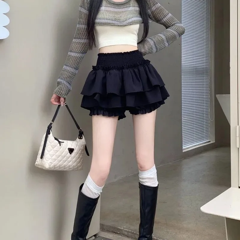 White Preppy Style Skirt Elastic High Waist Folds Design Women Fluffy Cake Skirt Built in Shorts Hottie Ballet Style Mini Skirts