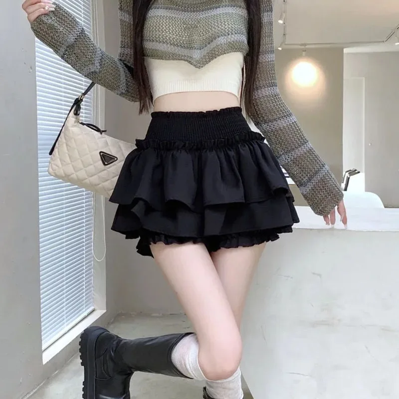 White Preppy Style Skirt Elastic High Waist Folds Design Women Fluffy Cake Skirt Built in Shorts Hottie Ballet Style Mini Skirts