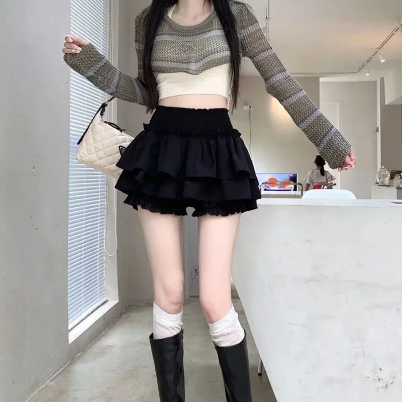 White Preppy Style Skirt Elastic High Waist Folds Design Women Fluffy Cake Skirt Built in Shorts Hottie Ballet Style Mini Skirts