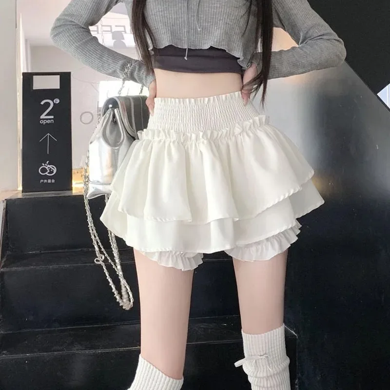 White Preppy Style Skirt Elastic High Waist Folds Design Women Fluffy Cake Skirt Built in Shorts Hottie Ballet Style Mini Skirts