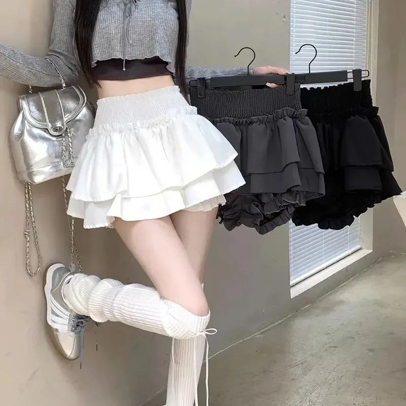 White Preppy Style Skirt Elastic High Waist Folds Design Women Fluffy Cake Skirt Built in Shorts Hottie Ballet Style Mini Skirts