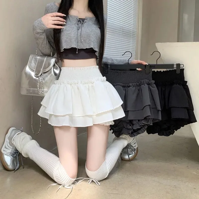White Preppy Style Skirt Elastic High Waist Folds Design Women Fluffy Cake Skirt Built in Shorts Hottie Ballet Style Mini Skirts