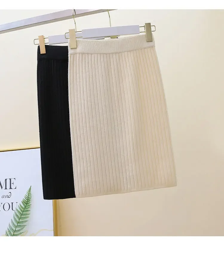 2026 New Korean Fashion Knitted Skirts Women Casual Elegant High Waisted Elastic Office Lady Skirts Solid Mini Skirt
