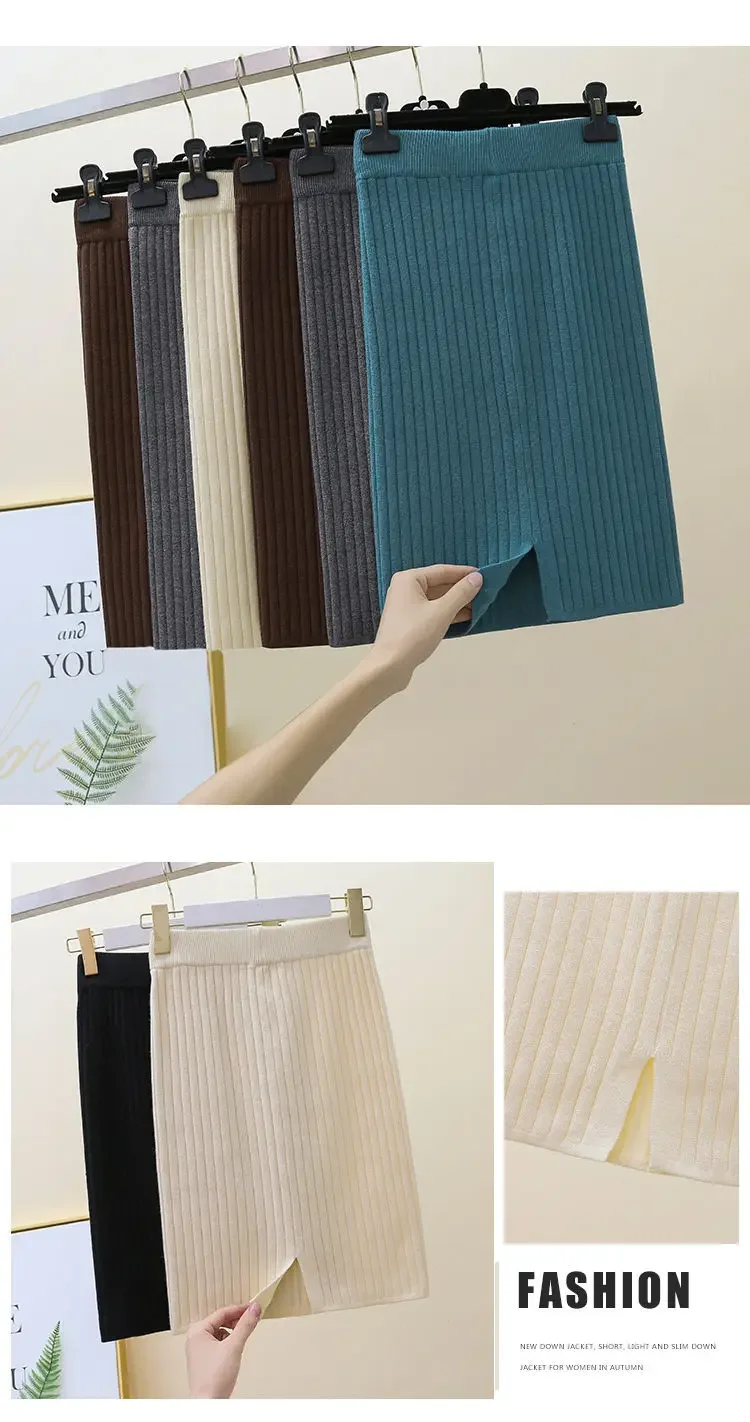 2026 New Korean Fashion Knitted Skirts Women Casual Elegant High Waisted Elastic Office Lady Skirts Solid Mini Skirt