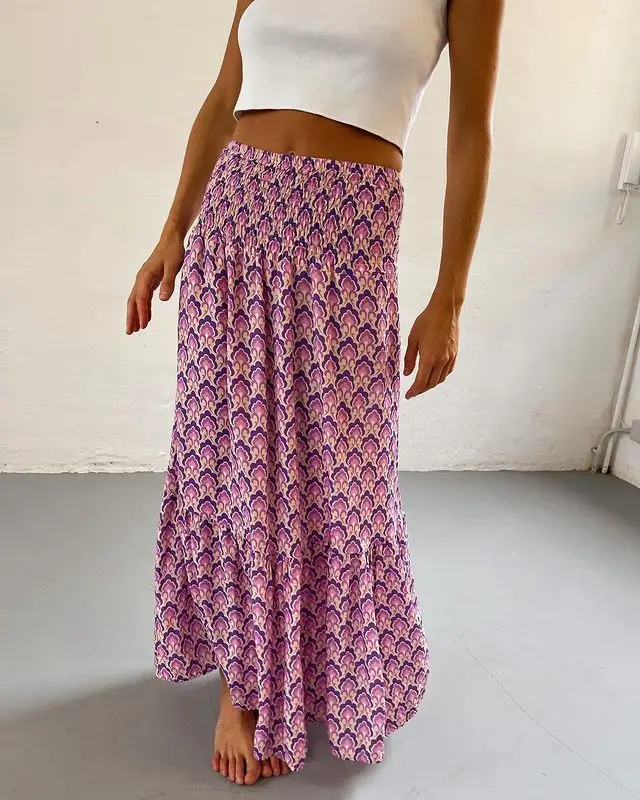 Women's Casual Boho Skirts New Spring Summer Fashion Vintage Loose Elastic Waist Floral Print Ethenic Style Beach Maxi Skirt