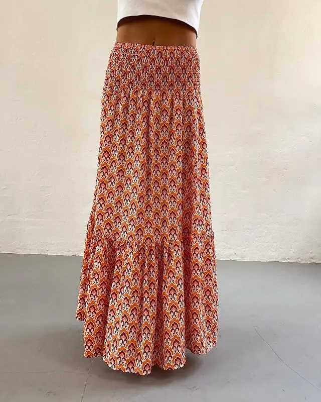 Women's Casual Boho Skirts New Spring Summer Fashion Vintage Loose Elastic Waist Floral Print Ethenic Style Beach Maxi Skirt