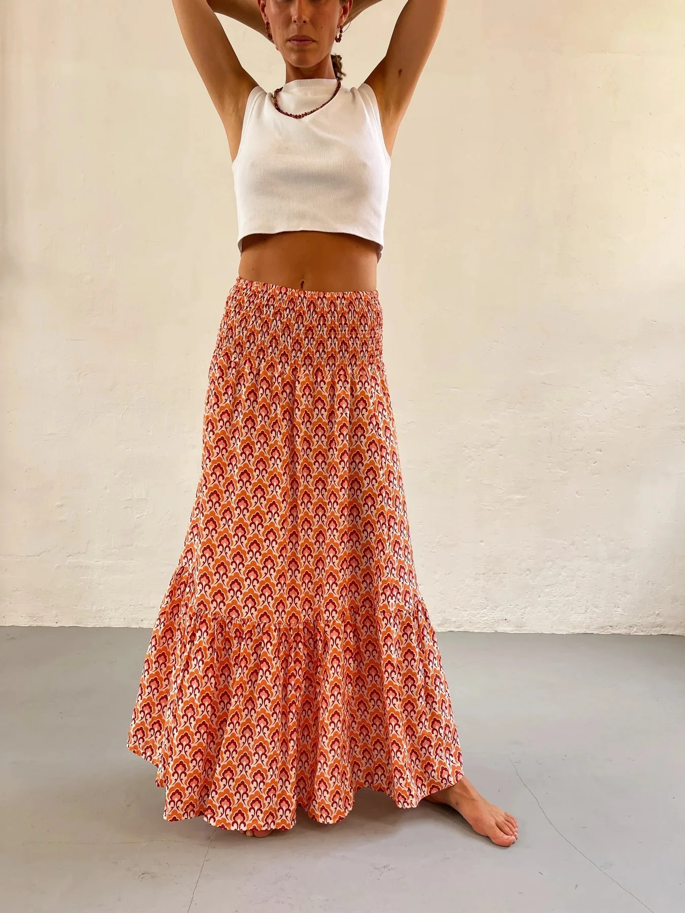 Women's Casual Boho Skirts New Spring Summer Fashion Vintage Loose Elastic Waist Floral Print Ethenic Style Beach Maxi Skirt
