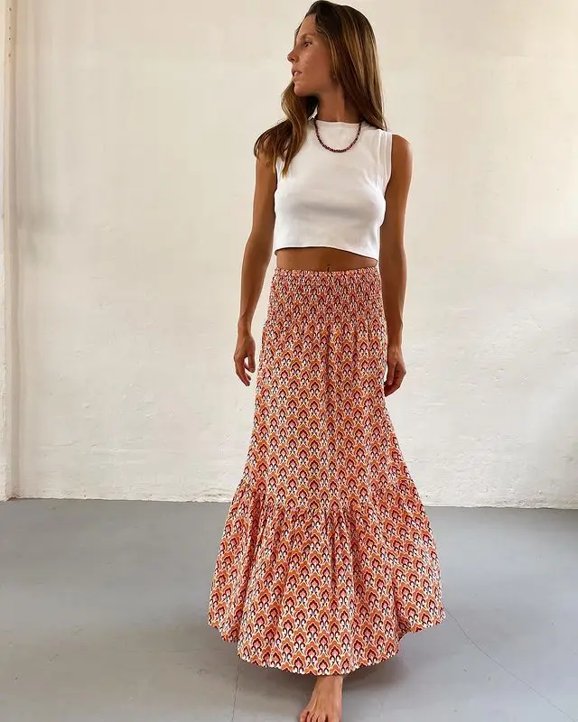 Women's Casual Boho Skirts New Spring Summer Fashion Vintage Loose Elastic Waist Floral Print Ethenic Style Beach Maxi Skirt
