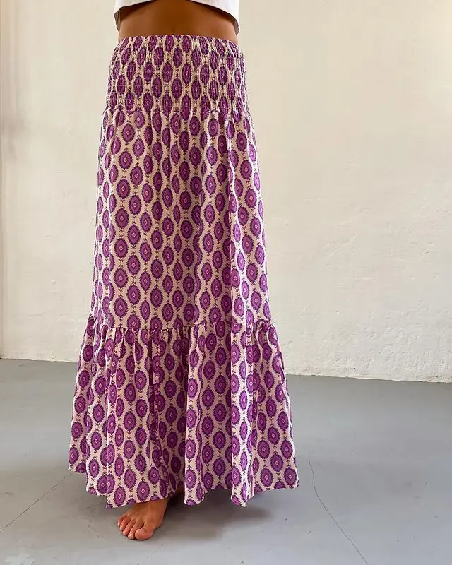 Women's Casual Boho Skirts New Spring Summer Fashion Vintage Loose Elastic Waist Floral Print Ethenic Style Beach Maxi Skirt