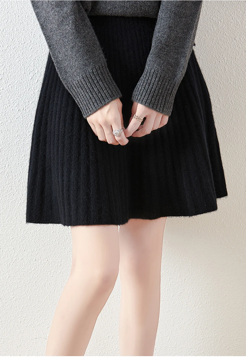 Korean Skirt 100% Merino Wool Women's Knitted Mini Skirt Autumn and Winter Women's Fashion Solid Color Small Umbrella Skirt