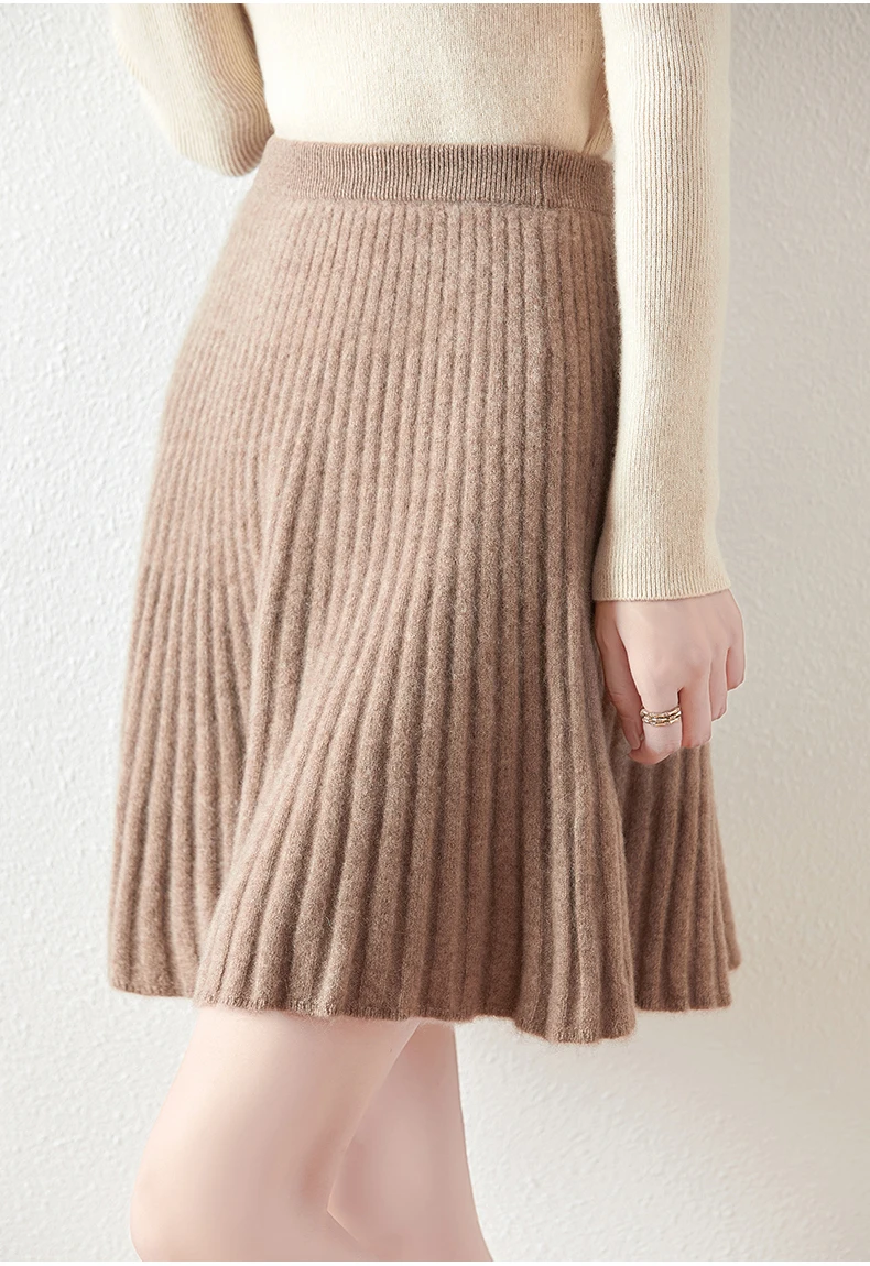 Korean Skirt 100% Merino Wool Women's Knitted Mini Skirt Autumn and Winter Women's Fashion Solid Color Small Umbrella Skirt