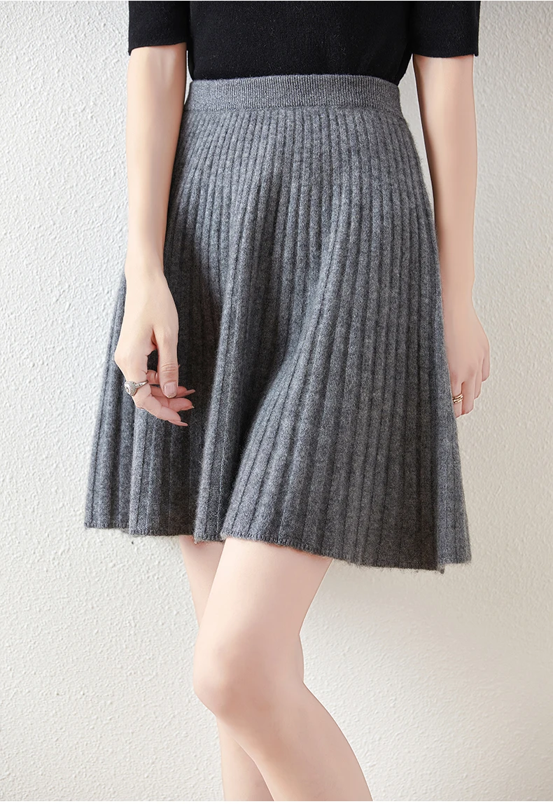 Korean Skirt 100% Merino Wool Women's Knitted Mini Skirt Autumn and Winter Women's Fashion Solid Color Small Umbrella Skirt