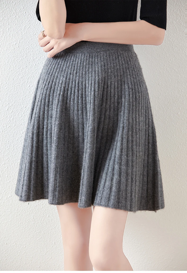 Korean Skirt 100% Merino Wool Women's Knitted Mini Skirt Autumn and Winter Women's Fashion Solid Color Small Umbrella Skirt