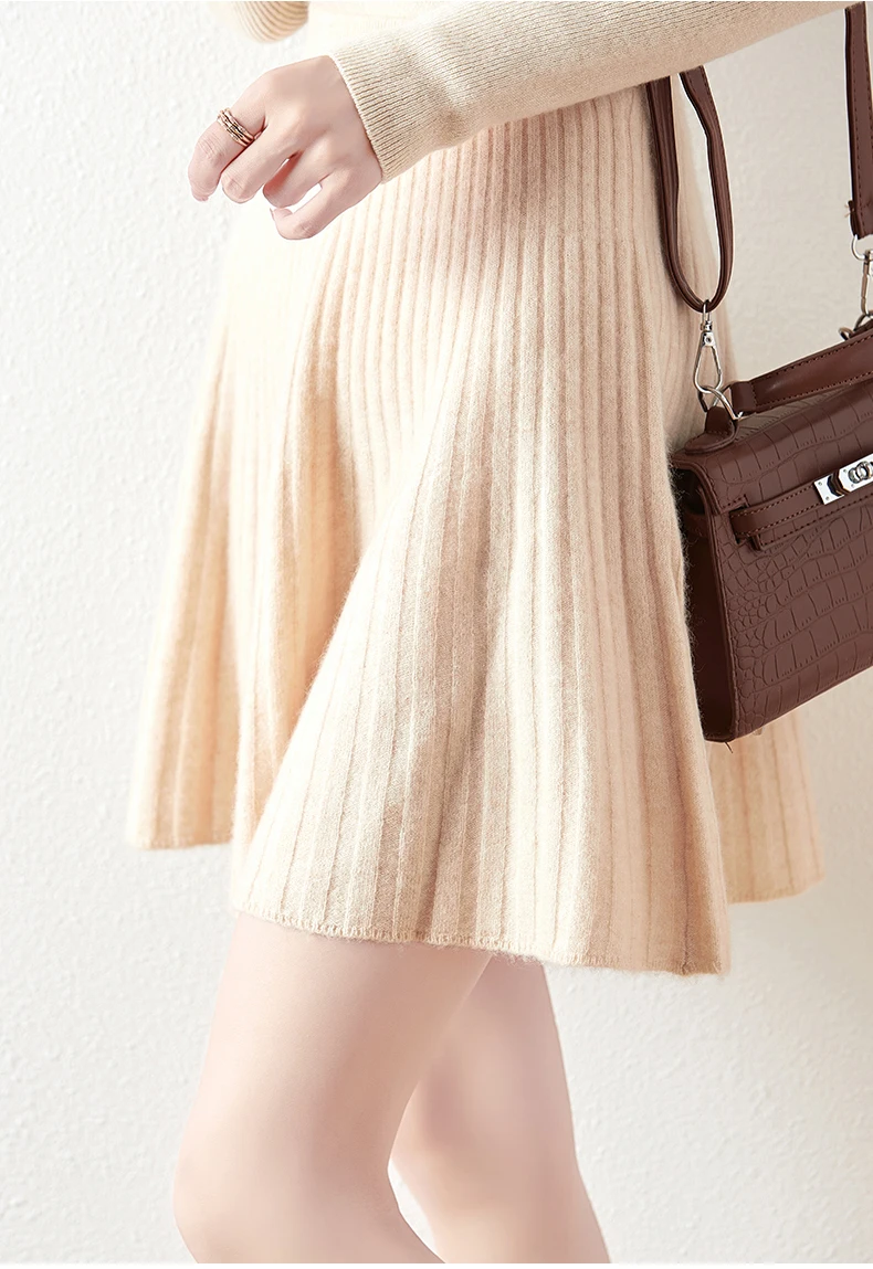 Korean Skirt 100% Merino Wool Women's Knitted Mini Skirt Autumn and Winter Women's Fashion Solid Color Small Umbrella Skirt