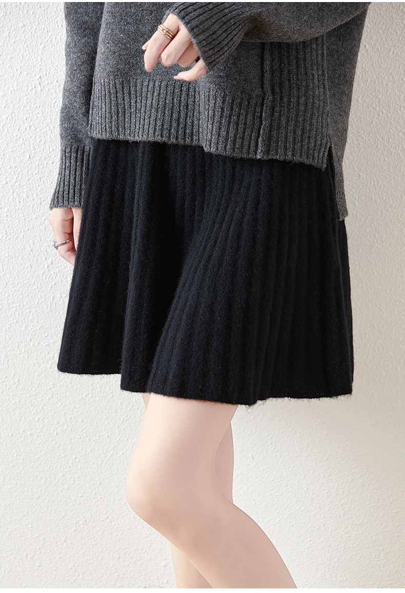 Korean Skirt 100% Merino Wool Women's Knitted Mini Skirt Autumn and Winter Women's Fashion Solid Color Small Umbrella Skirt