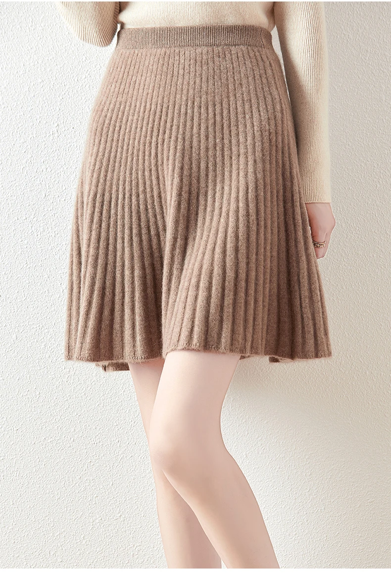 Korean Skirt 100% Merino Wool Women's Knitted Mini Skirt Autumn and Winter Women's Fashion Solid Color Small Umbrella Skirt