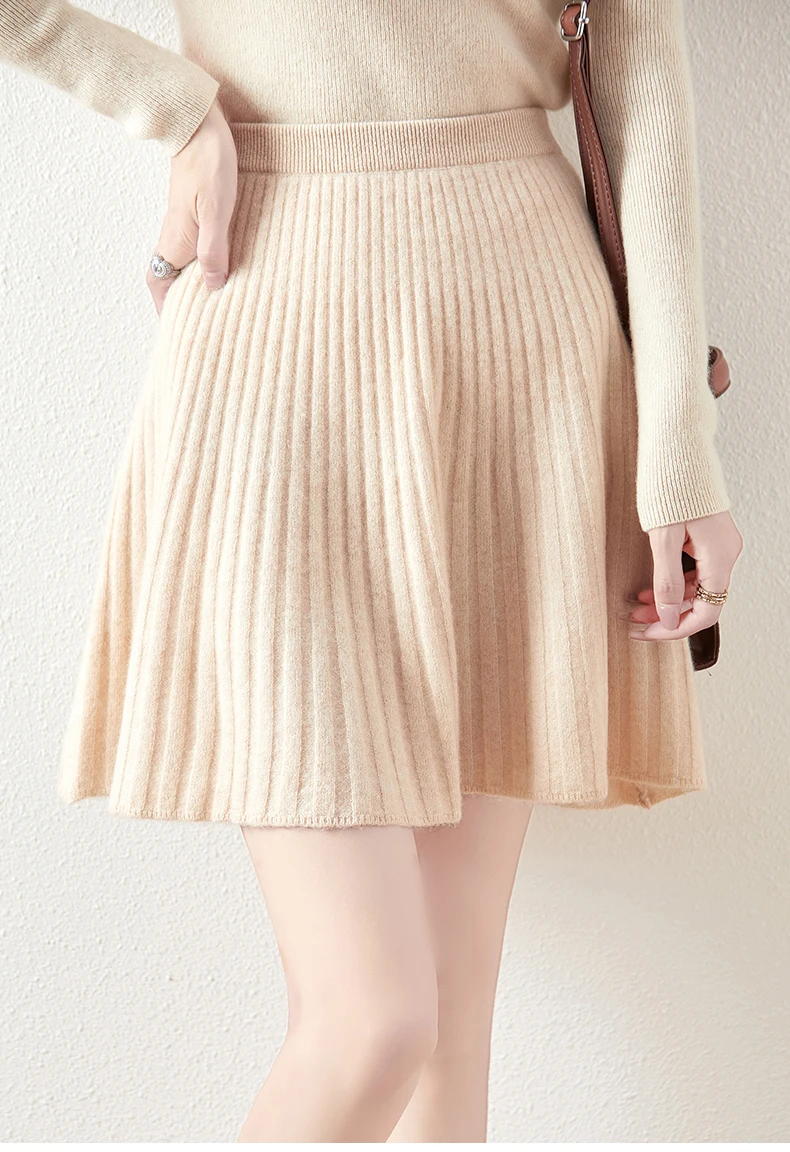 Korean Skirt 100% Merino Wool Women's Knitted Mini Skirt Autumn and Winter Women's Fashion Solid Color Small Umbrella Skirt