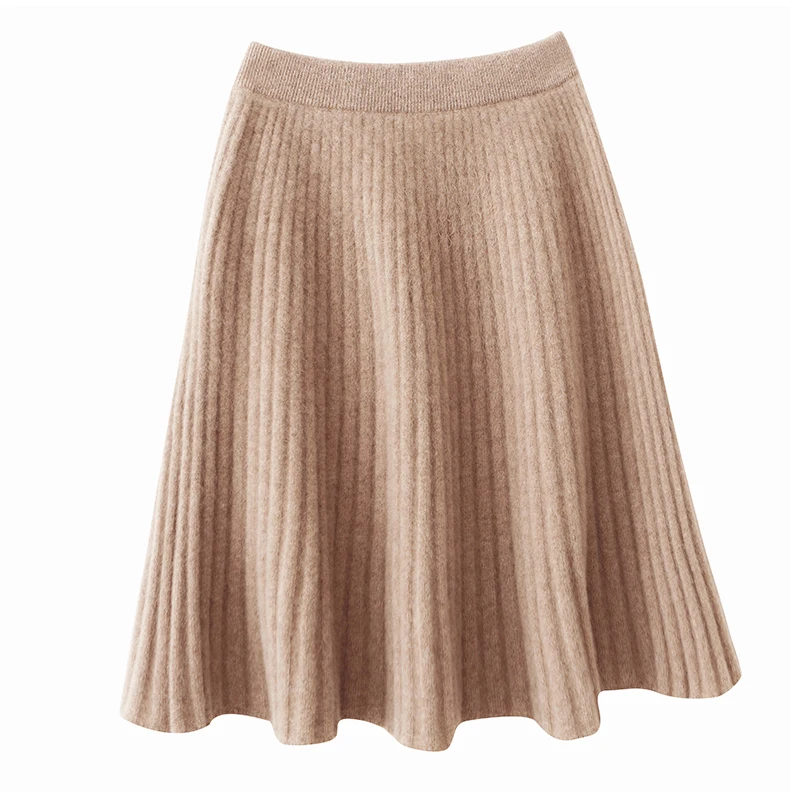 Korean Skirt 100% Merino Wool Women's Knitted Mini Skirt Autumn and Winter Women's Fashion Solid Color Small Umbrella Skirt