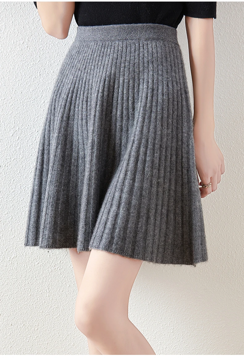 Korean Skirt 100% Merino Wool Women's Knitted Mini Skirt Autumn and Winter Women's Fashion Solid Color Small Umbrella Skirt