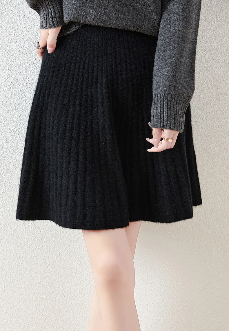 Korean Skirt 100% Merino Wool Women's Knitted Mini Skirt Autumn and Winter Women's Fashion Solid Color Small Umbrella Skirt