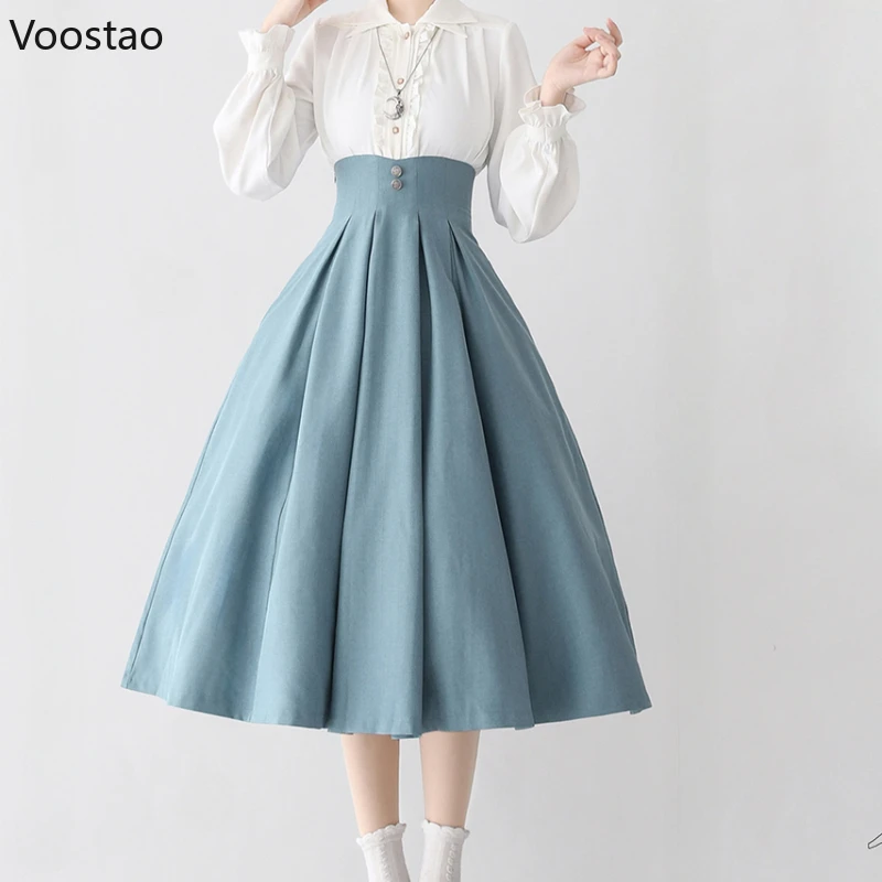 Elegant Classical Lolita Style Midi Skirt Women Vintage Victorian Button Slim Party Long Skirts Office Lady Sweet A-Line Skirt