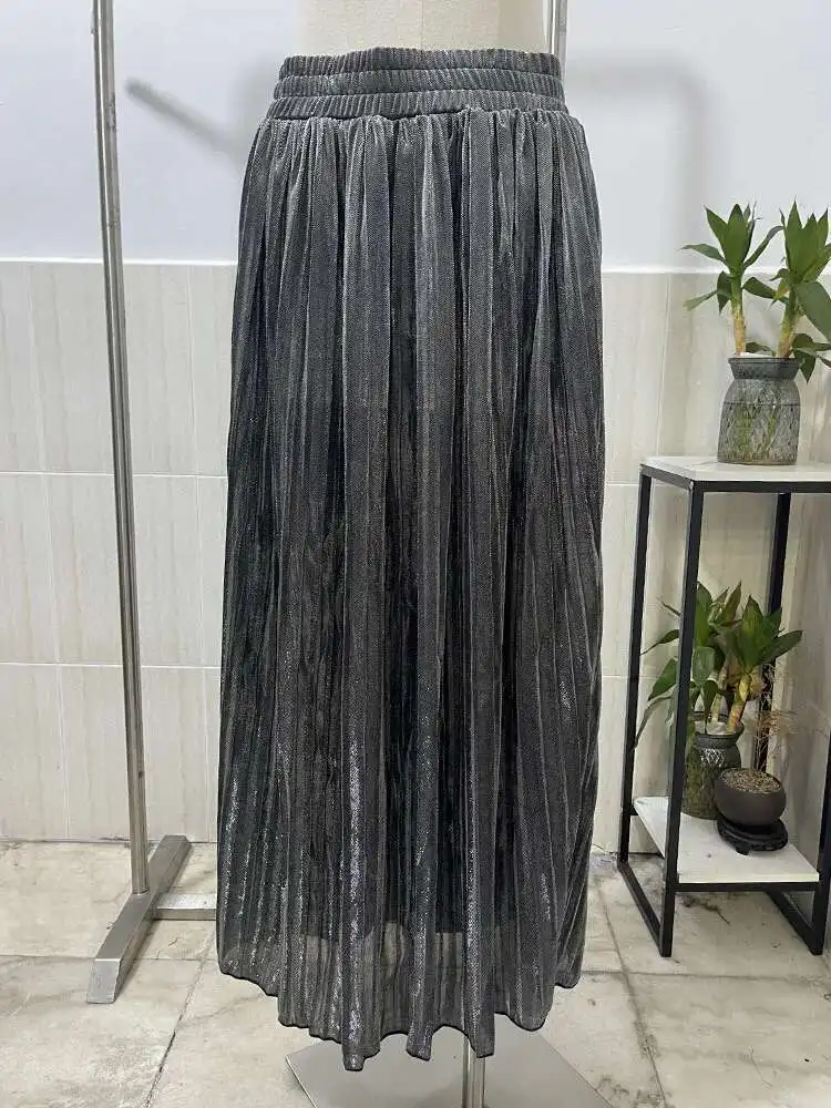 LANMREM 2025 new Spring fashion women clothes high waist A-line pleated sliver vintage elastic long halfbody skirt WH28501XL