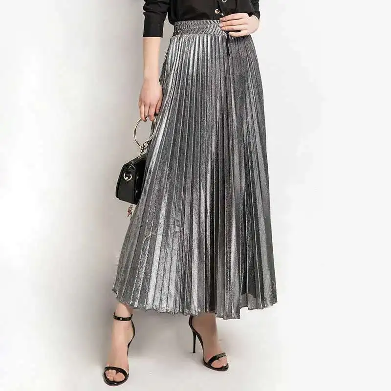 LANMREM 2025 new Spring fashion women clothes high waist A-line pleated sliver vintage elastic long halfbody skirt WH28501XL