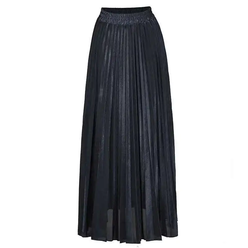 LANMREM 2025 new Spring fashion women clothes high waist A-line pleated sliver vintage elastic long halfbody skirt WH28501XL