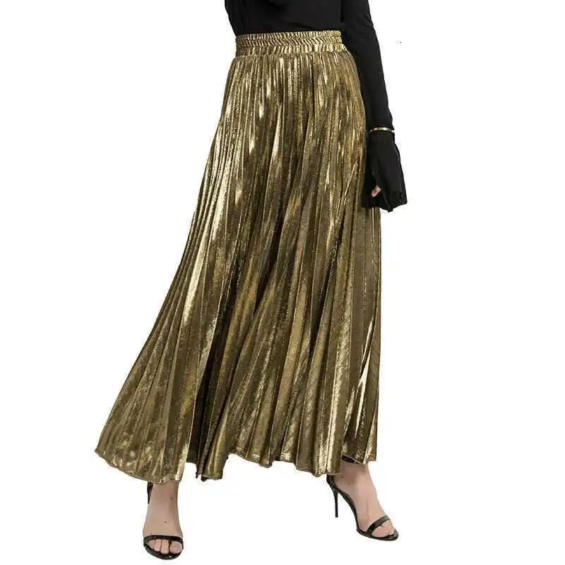 LANMREM 2025 new Spring fashion women clothes high waist A-line pleated sliver vintage elastic long halfbody skirt WH28501XL