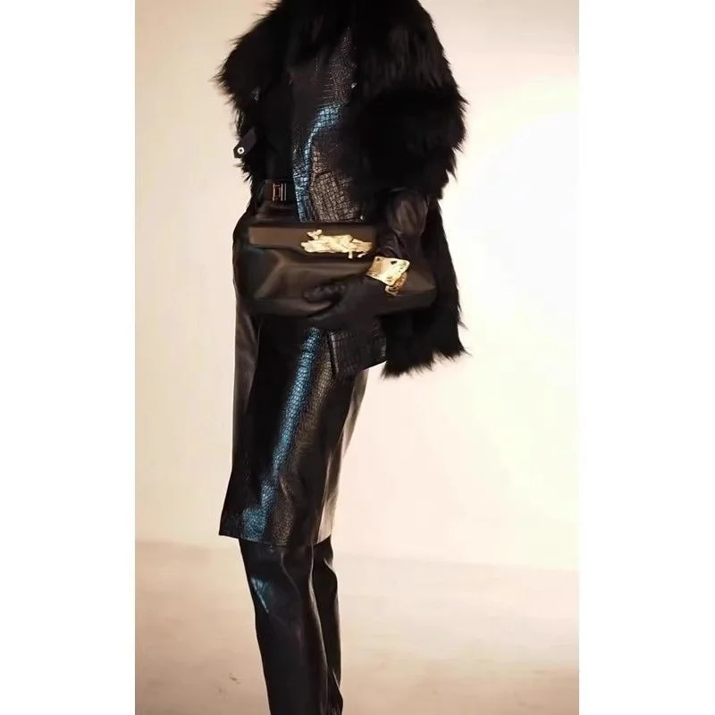 Fashion Leather Split Skirt Women Retro Y2k Straight Skirt Autumn Winter Black PU Office Lady Short Skirt Mujer Faldas 724A