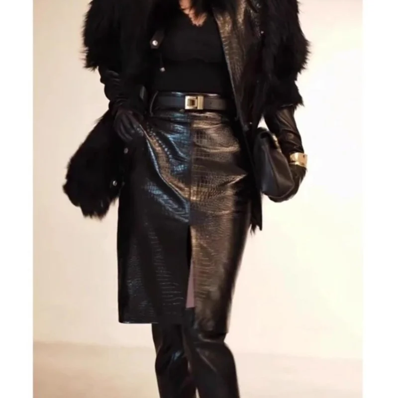 Fashion Leather Split Skirt Women Retro Y2k Straight Skirt Autumn Winter Black PU Office Lady Short Skirt Mujer Faldas 724A