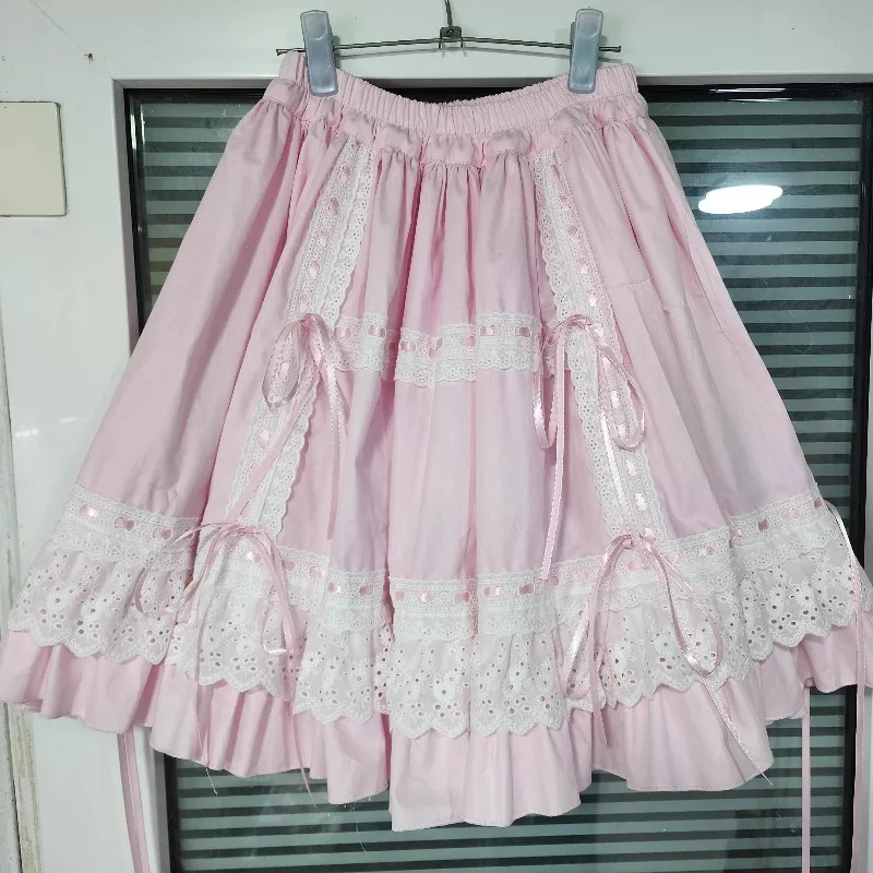 Japanese Design Pink Cute Sweet Lolita Pure Cotton Women's Bottoming Skirt Autumn Winter New Lace Trim Bow Half Skirts Ladies