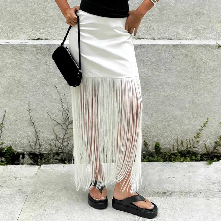 Linad Street Chic White Satin Tassels Long Skirts Woman 2026 Elegant High Waist Straight Skirts Casual Slim Ankle Length Skirt