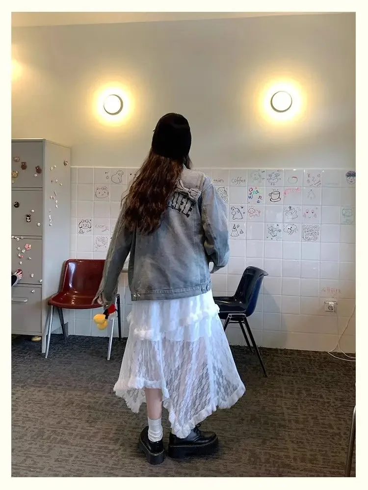 Deeptwon White Lace Asymmetrical Skirt Women Fairycore Sweet Vintage Mid Irregular Skirt Korean Style Aesthetic Ruffle Skirts