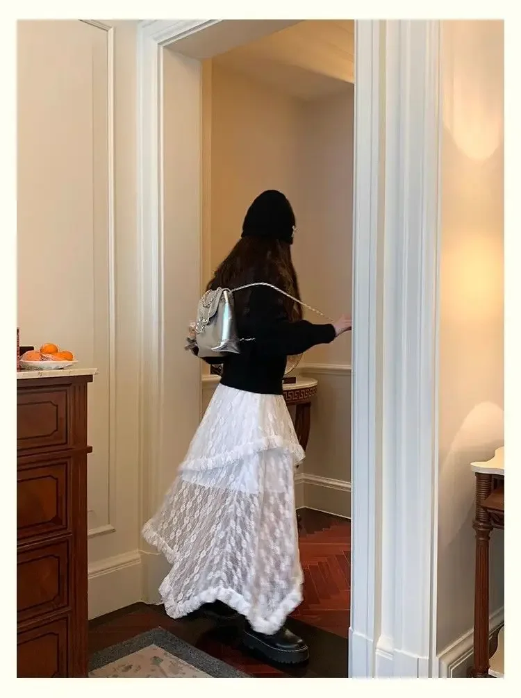 Deeptwon White Lace Asymmetrical Skirt Women Fairycore Sweet Vintage Mid Irregular Skirt Korean Style Aesthetic Ruffle Skirts