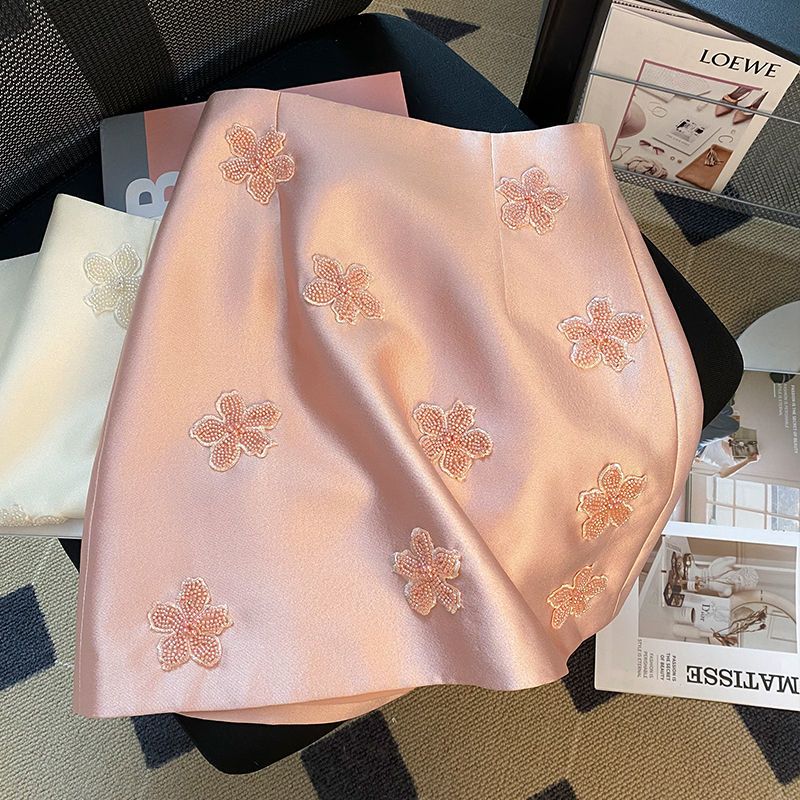MEXZT Elegant Pink Mini Skirt Women Vintage Floral Beading Hip Wrap Skirts Summer Ladies Korean High Waist Design A Line Faldas