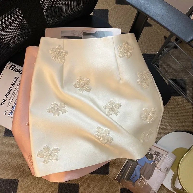 MEXZT Elegant Pink Mini Skirt Women Vintage Floral Beading Hip Wrap Skirts Summer Ladies Korean High Waist Design A Line Faldas