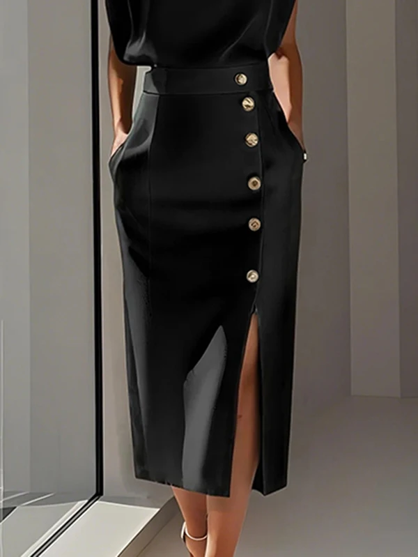 Krisstarsgirls Elegant Midi Skirt for Women 2025 Summer Split-joint Office Work Party Birthday High Waisted Button Skirt Female