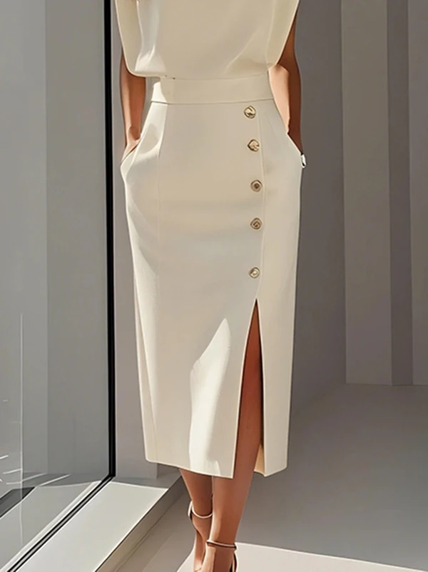 Krisstarsgirls Elegant Midi Skirt for Women 2025 Summer Split-joint Office Work Party Birthday High Waisted Button Skirt Female