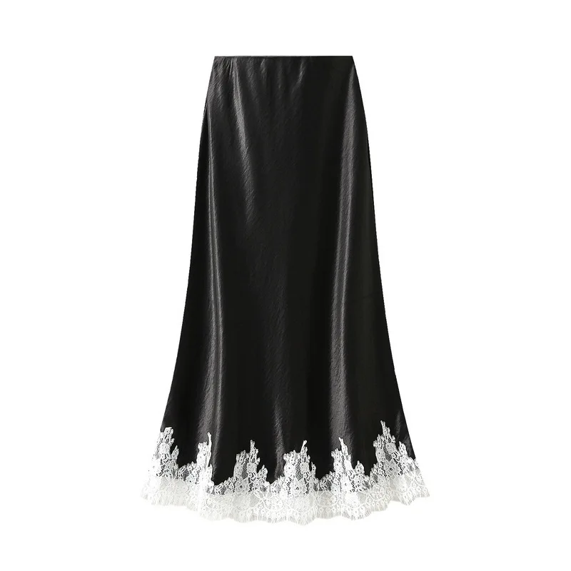 New In Summer Lace Patchwork Satin Long Skirt For Women 2026 Elegant Fashion High Waist A-line Black Skirts
