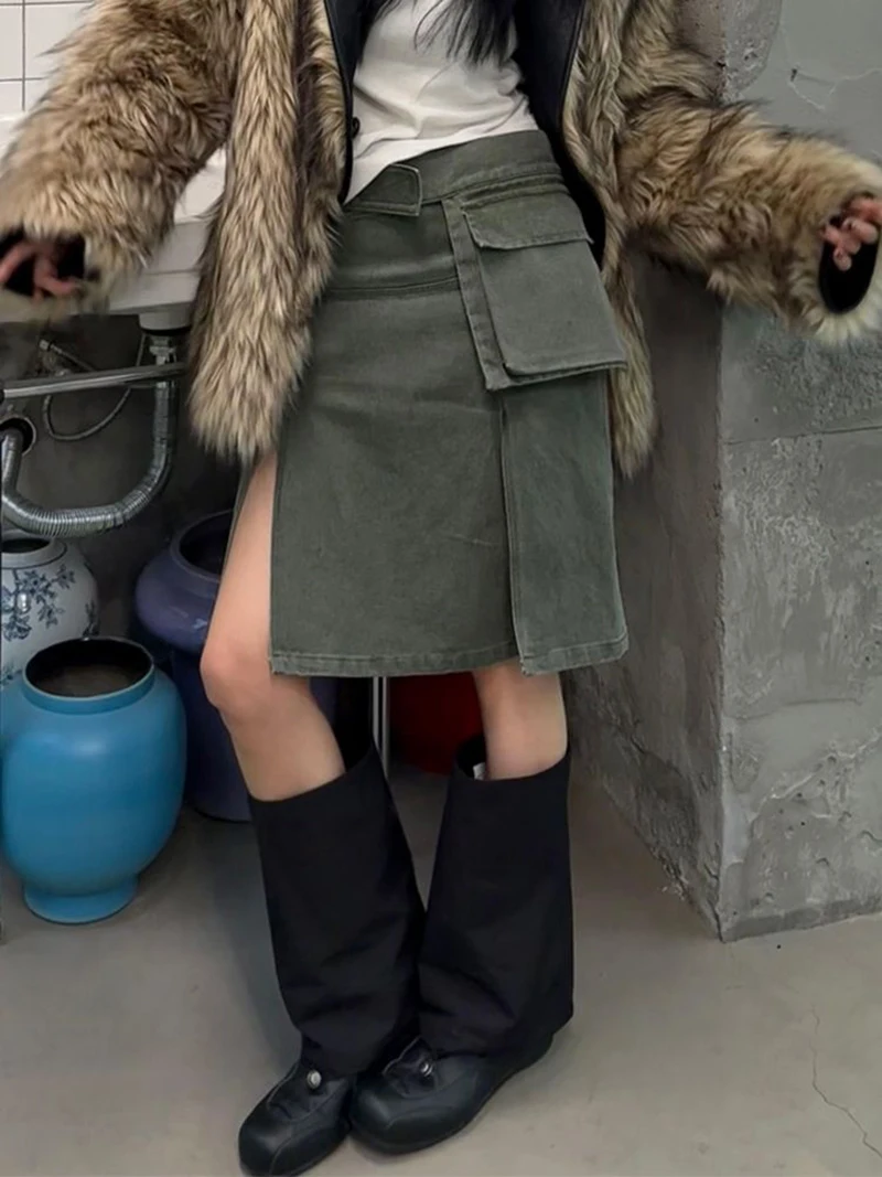 Y2K 2000S Cargo Mini Skirt Women Streetwear Sexy Split Asymmetrical Skirts Summer Gyaru Harajuku Grunge Casual Design Faldas New