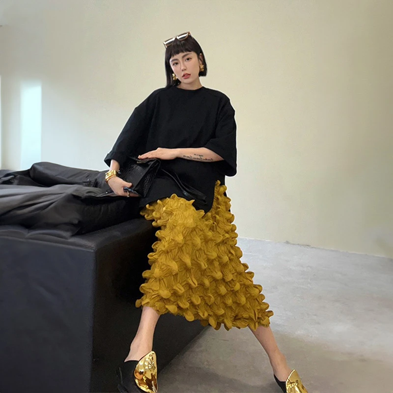 Miyake Pleated Bubble Skirt for Women 2024 Autumn New Korean Fashion Designer Loose Streetwear Midrange Half Skirt