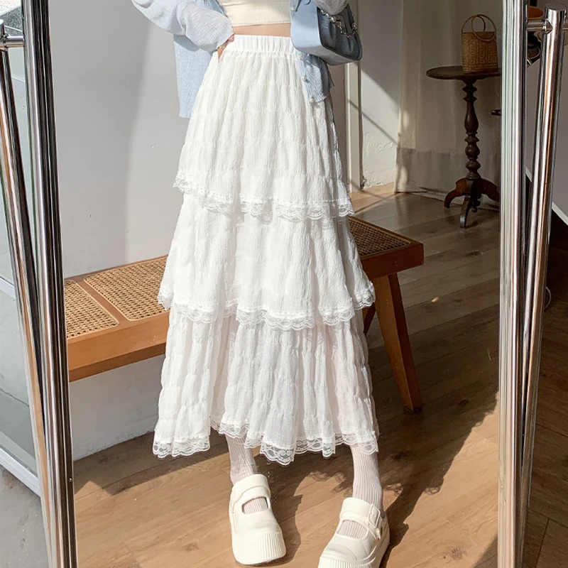 Sweet Lace Women Cake Puff Chiffon Skirts Summer Stylish Tierred Pleated Hem Solid Long Skirt Korean A-Line High Waist Skirts