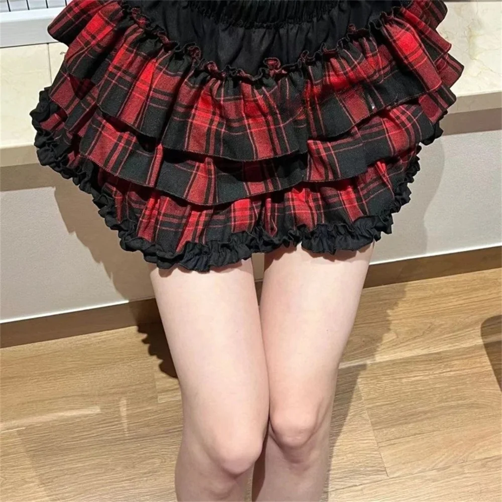 Women High Street Vintage Lace Cake Skirts Subculture Gothic Y2k High-waist Red Plaid Print Skirt Female Punk Hot Girl Outfits