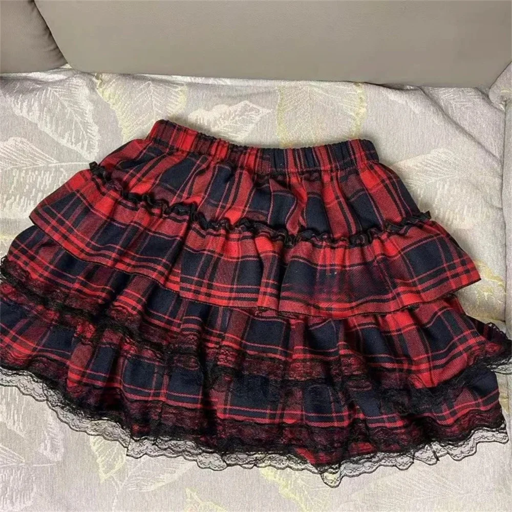 Women High Street Vintage Lace Cake Skirts Subculture Gothic Y2k High-waist Red Plaid Print Skirt Female Punk Hot Girl Outfits