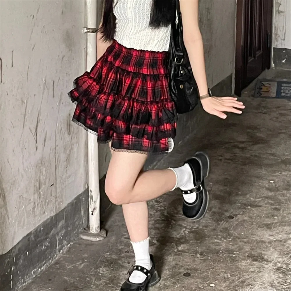 Women High Street Vintage Lace Cake Skirts Subculture Gothic Y2k High-waist Red Plaid Print Skirt Female Punk Hot Girl Outfits