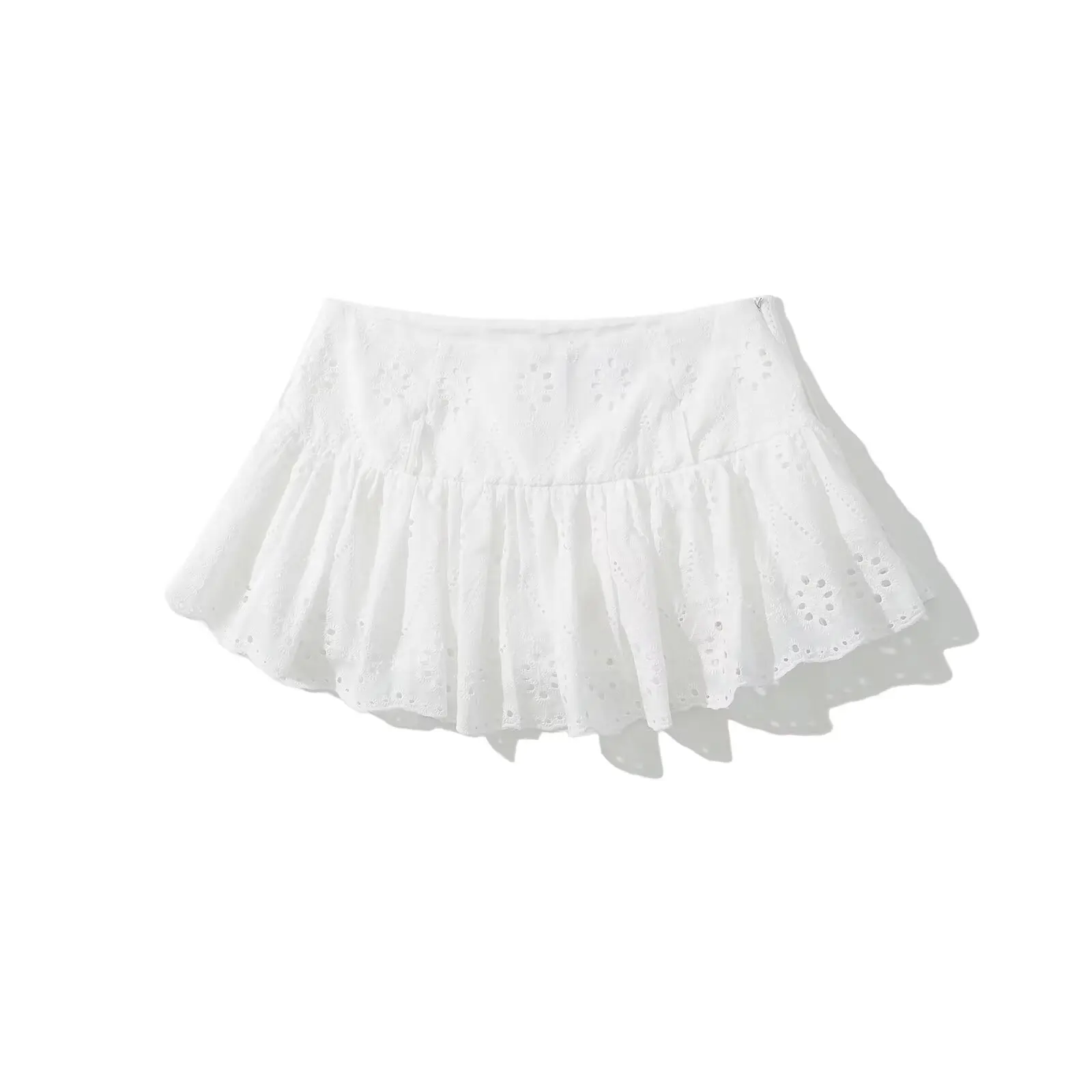 YENKYE Cool Girl Hollow Out Embroidery White Mini Skirt For Women Sexy Low Waist Summer Skirts With Shorts Lining